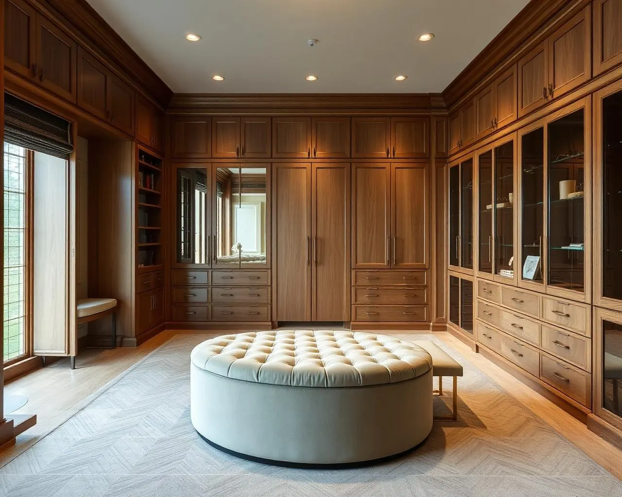 Illustrative image: a fitted walk-in dressing room — shelving and drawer banks
