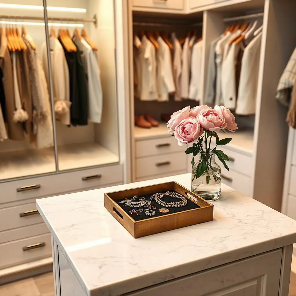 Illustrative image: marble-topped closet island with a jewelry tray and a vase of peonies