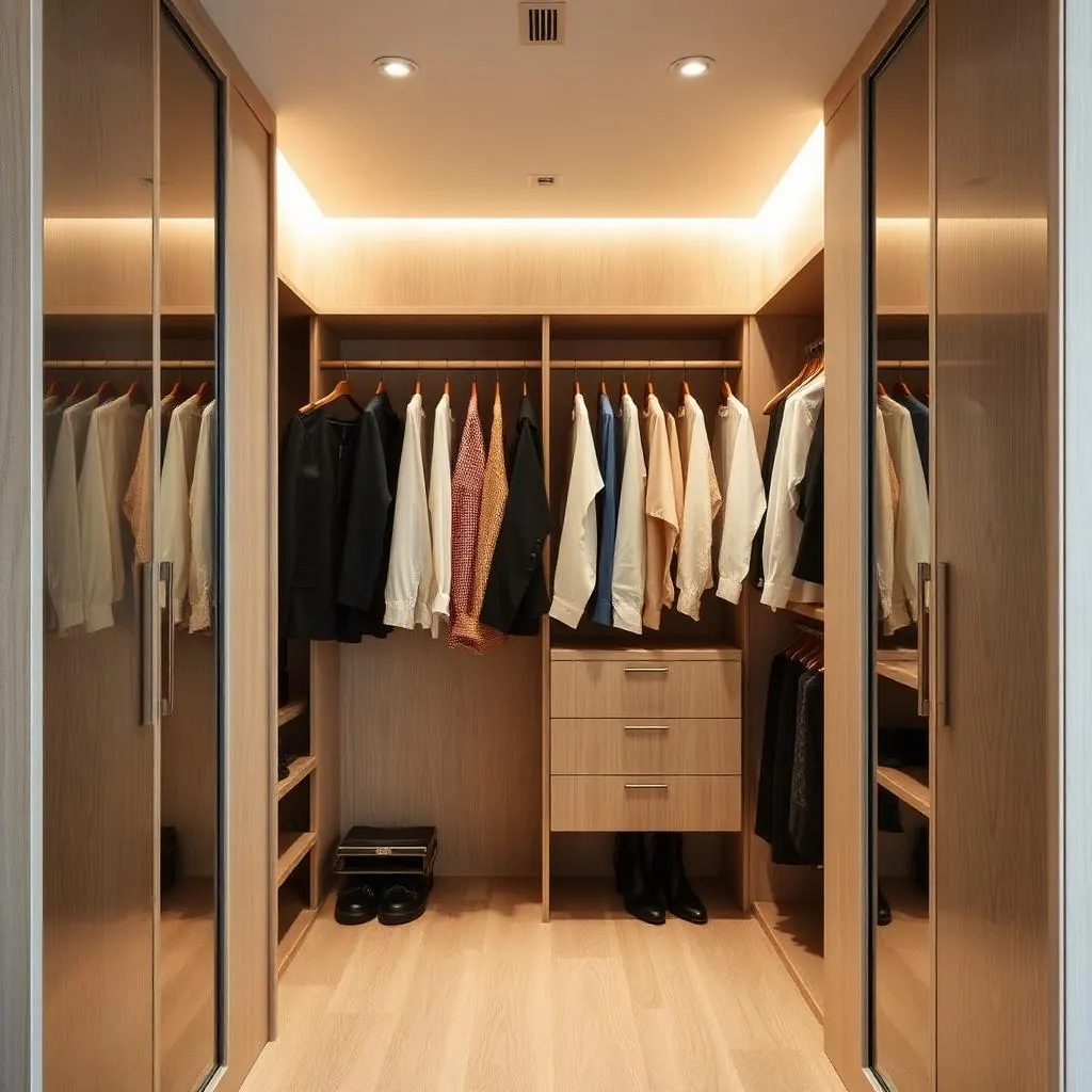 Illustrative image: light-oak walk-in closet behind mirrored doors, with hanging rails and a drawer stack