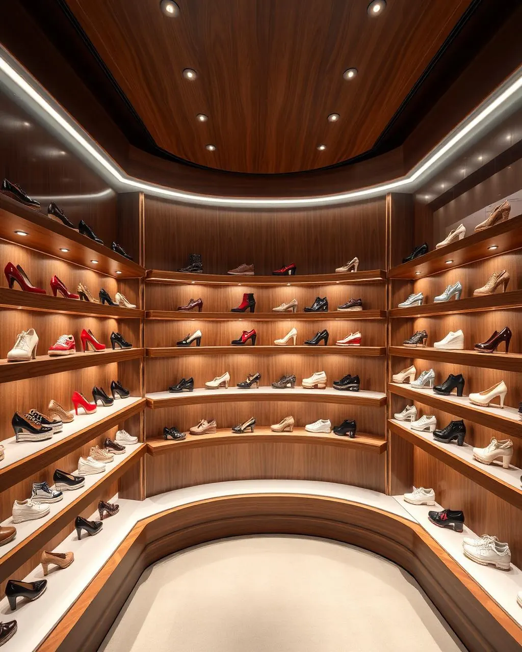 Illustrative image: curved walnut shoe wall with LED-lit open shelves